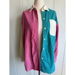 Vintage Colorblock Corduroy Button Down Shirt Pink Teal Retro 90s Medium